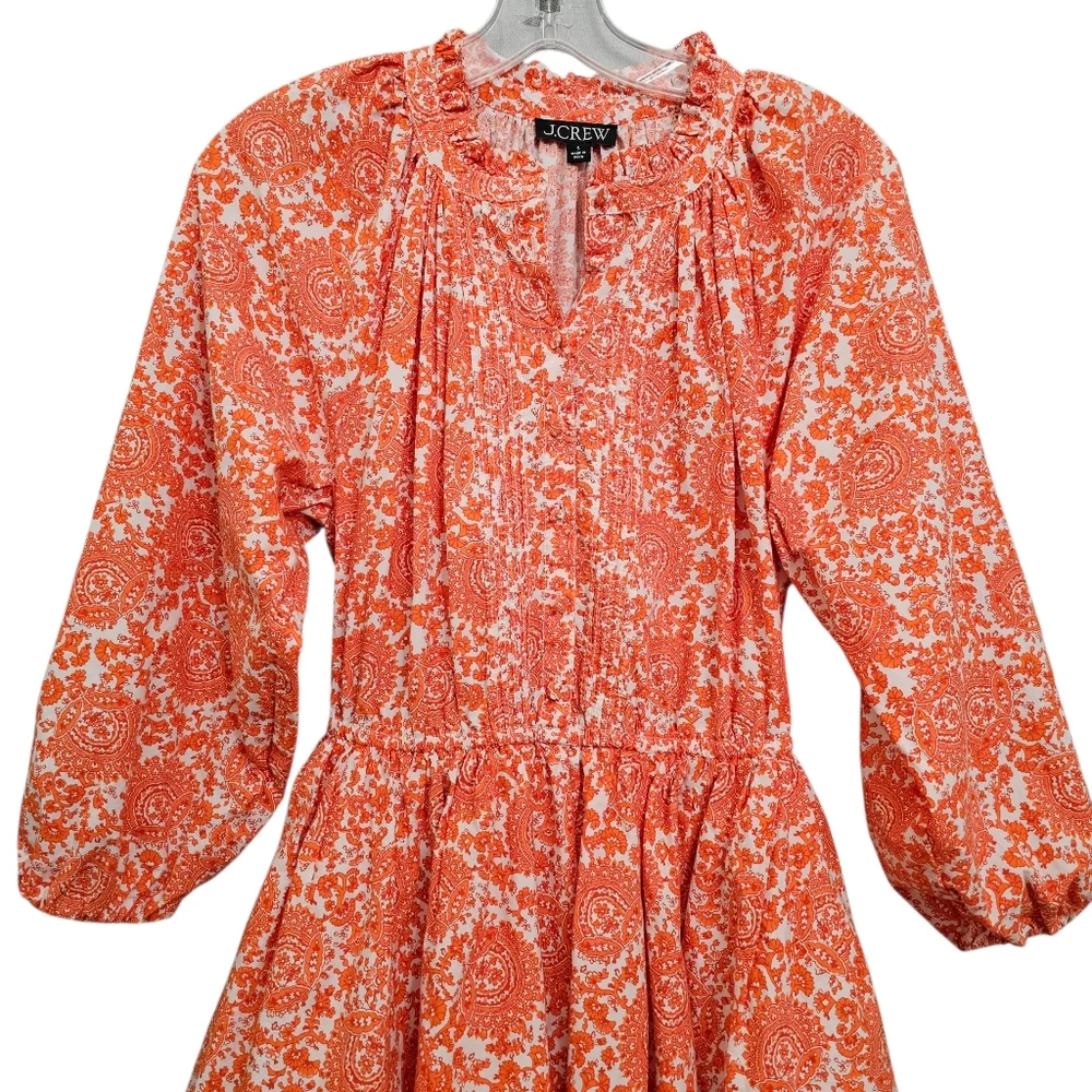 Nwot J.Crew Orange White Floral LS Ruffled Neck Fit/Flare Button Front  Dress